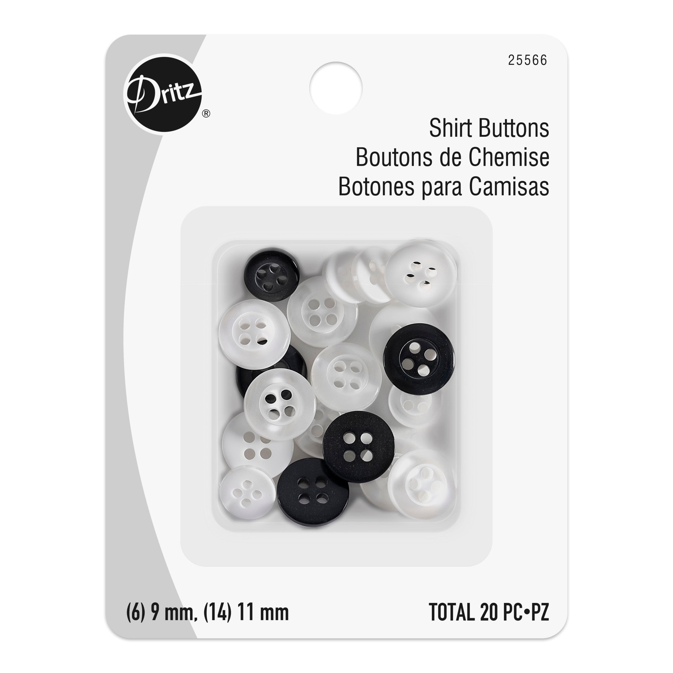 Dritz Shirt Buttons, Assorted, 9 & 11mm, 20 PC