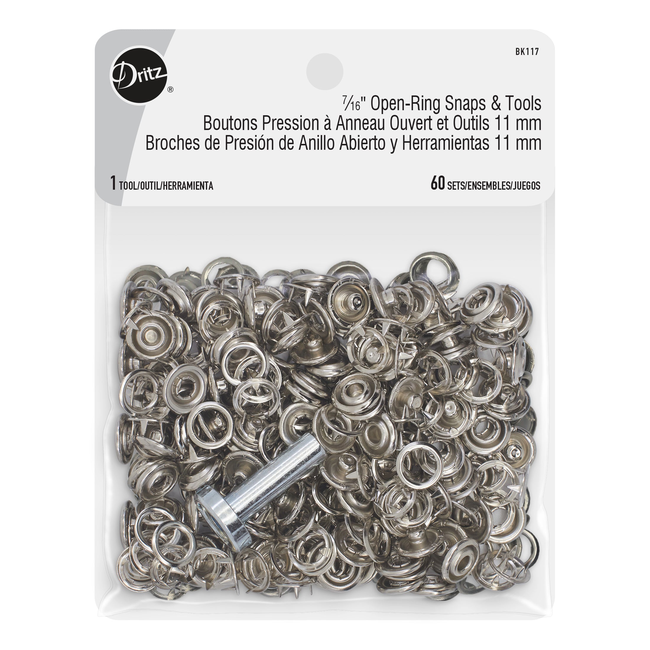 Dritz 7∕16 inch Open-Ring Snaps & Tools, 60 Sets, Nickel | Handicraft