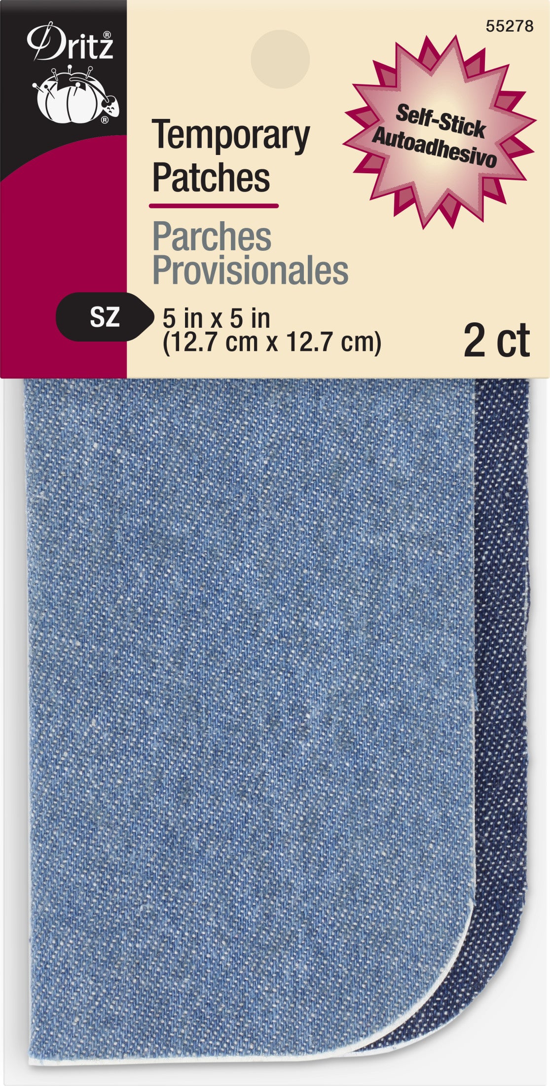 Dritz Self-Stick Temporary Denim Patches, 5 inch x 5 inch, Assorted, 2 pc