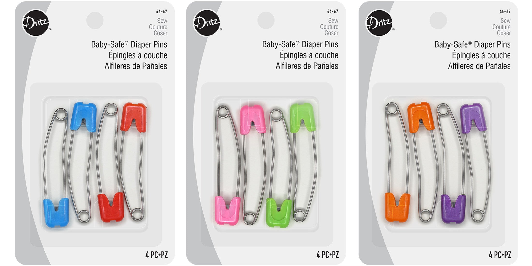 Dritz Baby-Safe Diaper Pins, 3-Pack Bright Assorted