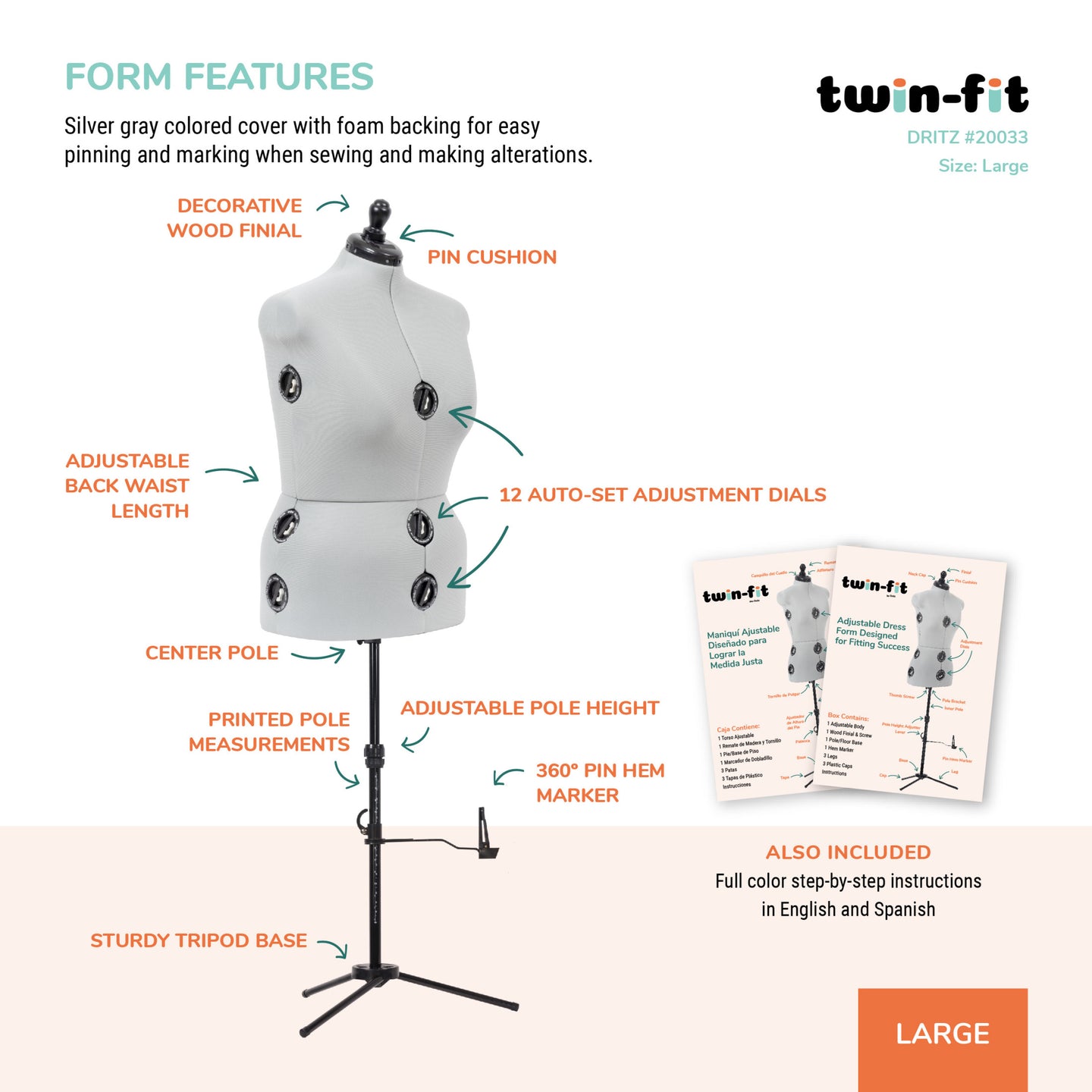 20033|Dritz Twin-Fit Adjustable Dress Form, Large
