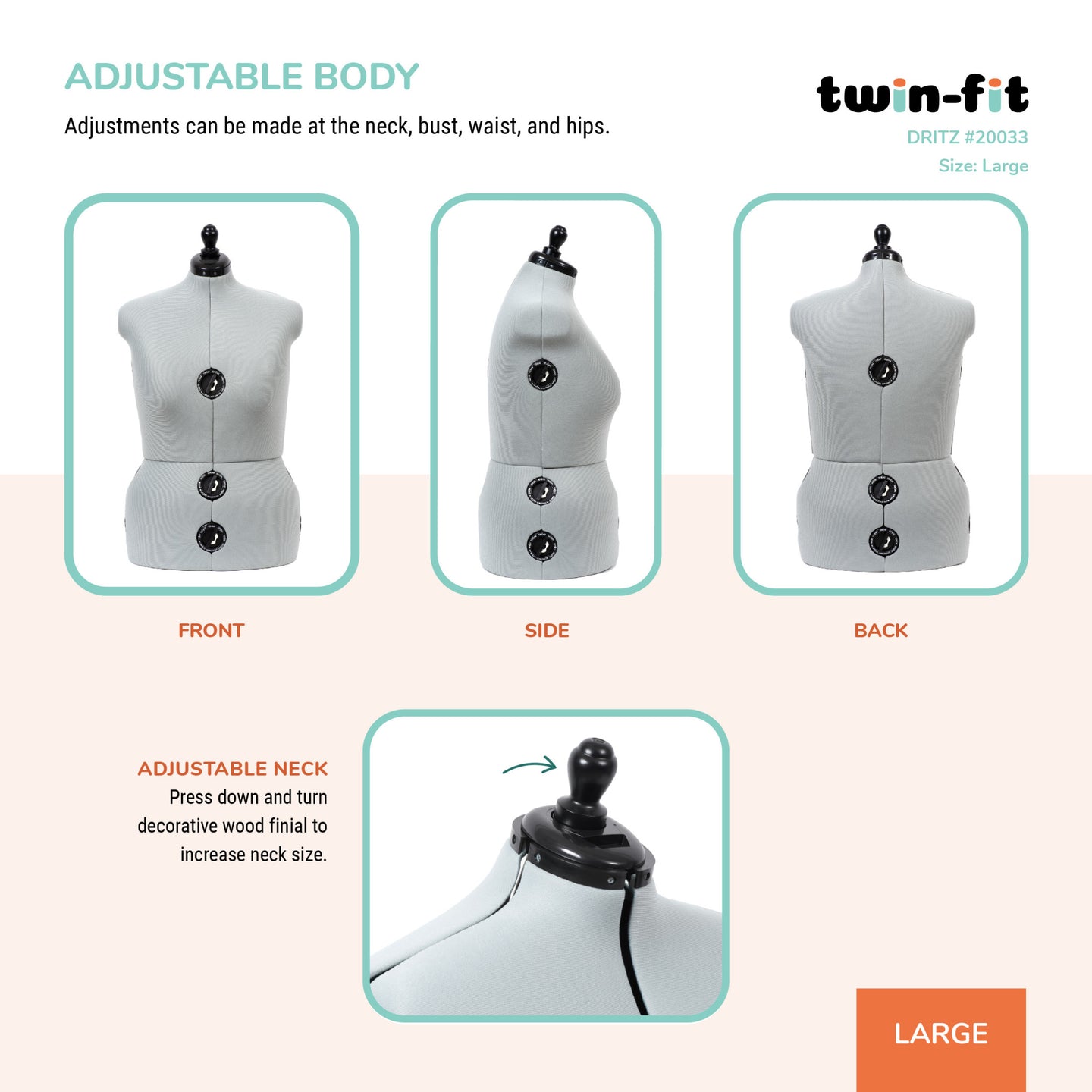 20033|Dritz Twin-Fit Adjustable Dress Form, Large