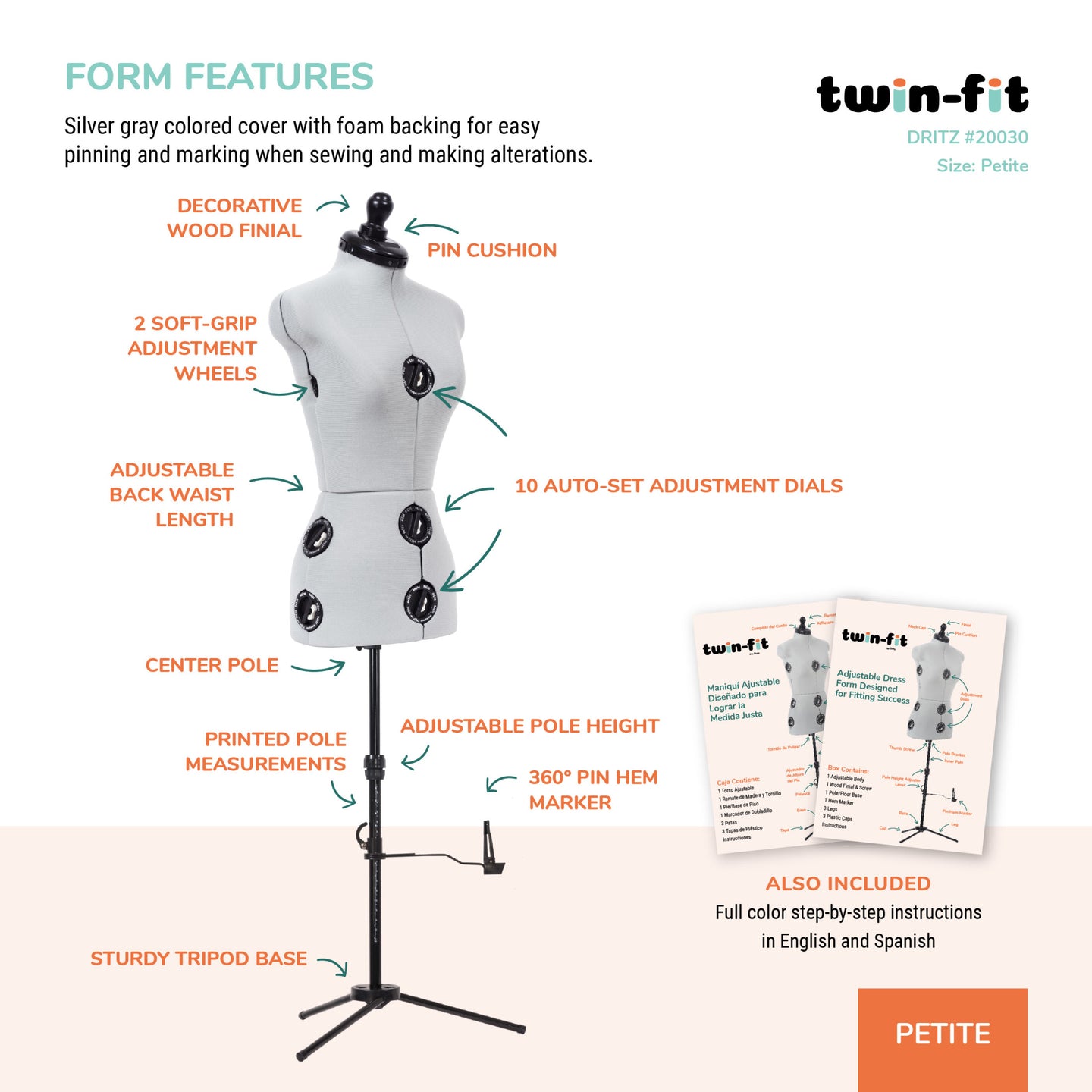 20030|Dritz Twin-Fit Adjustable Dress Form, Petite