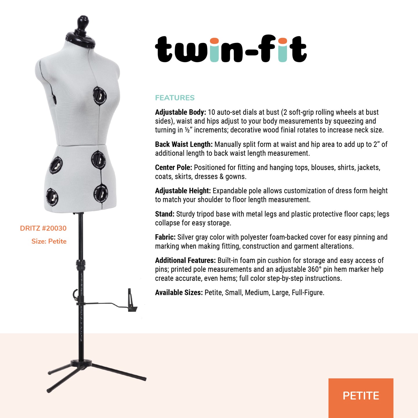 20030|Dritz Twin-Fit Adjustable Dress Form, Petite