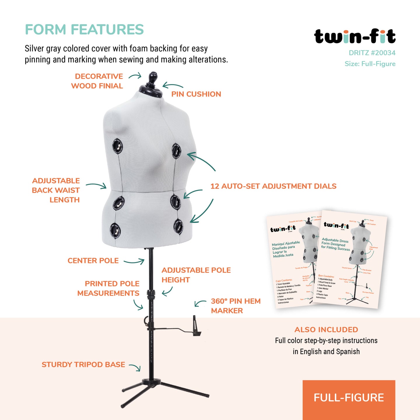 20034|Dritz Twin-Fit Adjustable Dress Form, Full-Figure