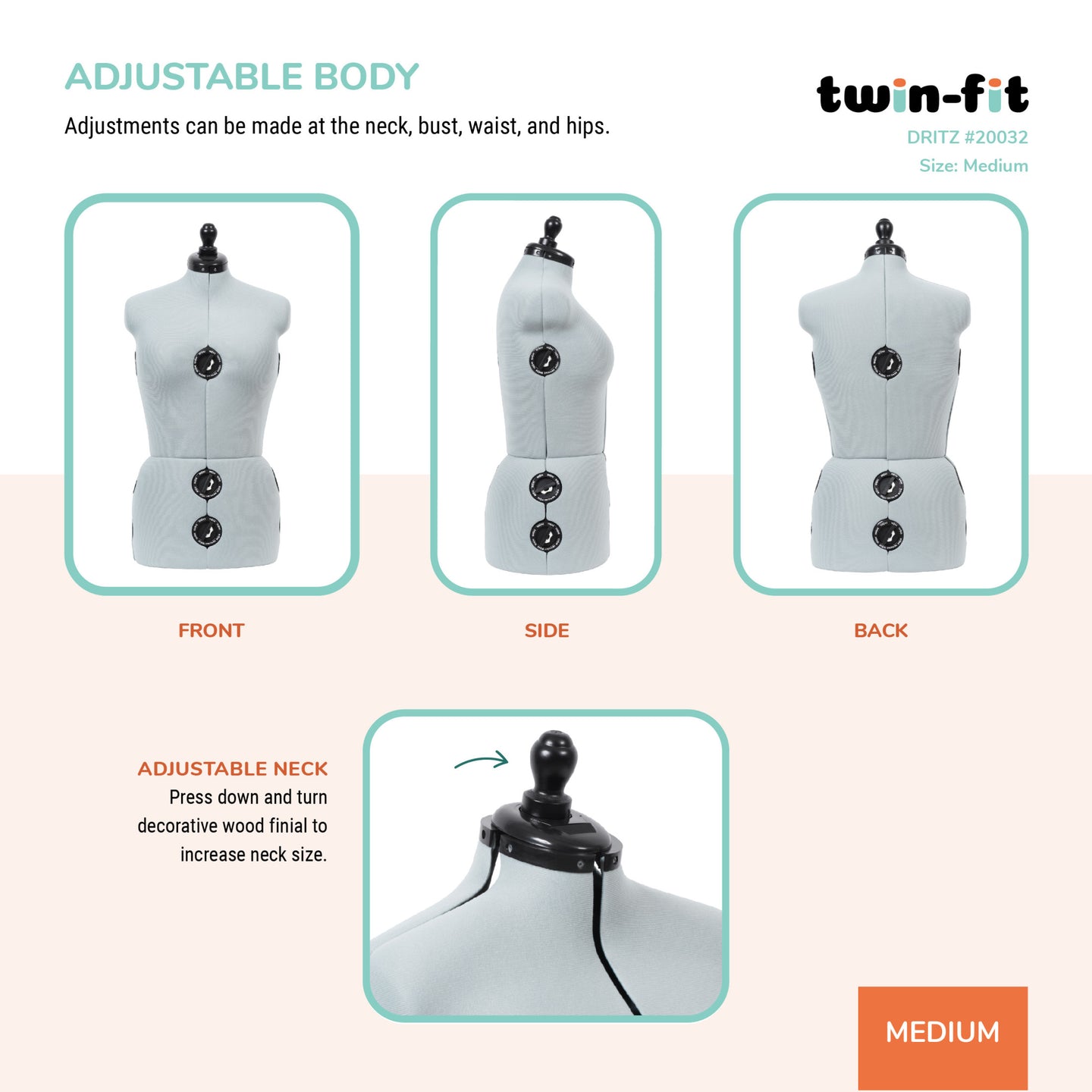 20032|Dritz Twin-Fit Adjustable Dress Form, Medium