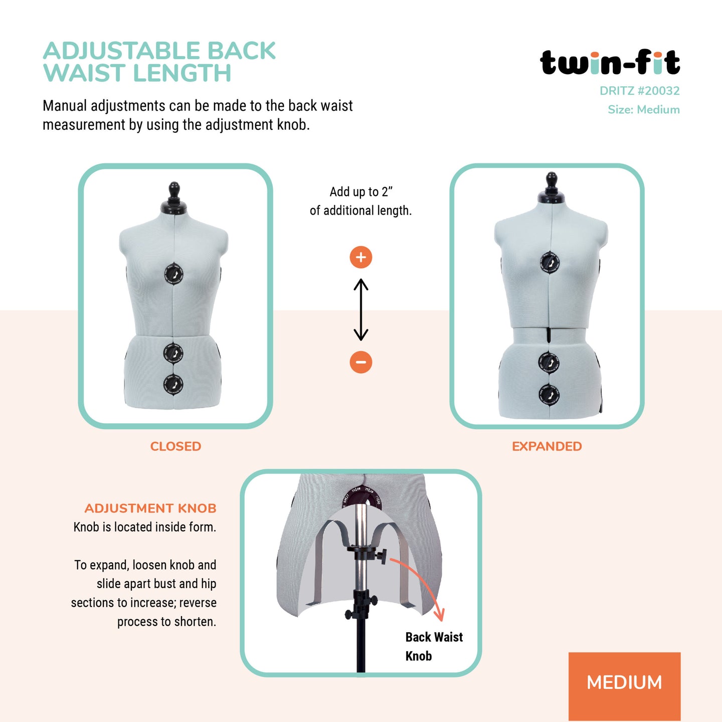 20032|Dritz Twin-Fit Adjustable Dress Form, Medium