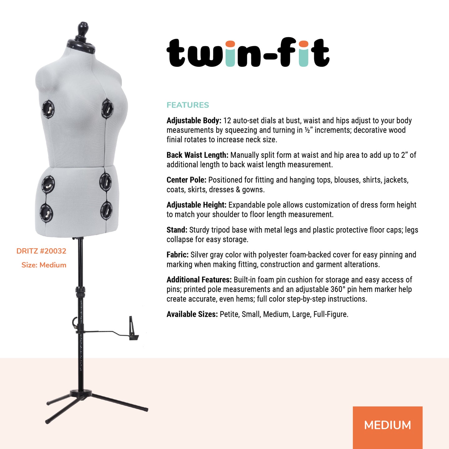 20032|Dritz Twin-Fit Adjustable Dress Form, Medium