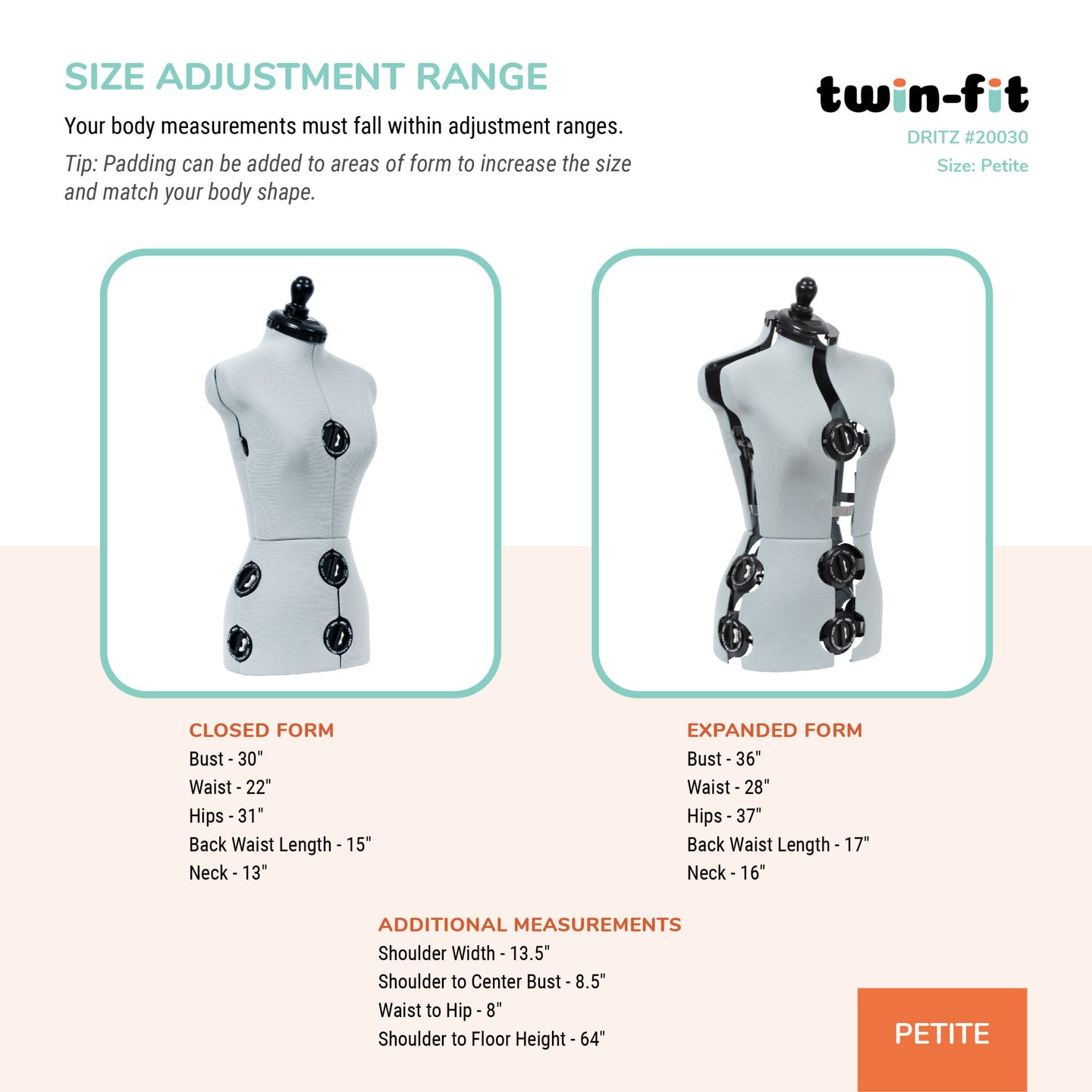 20030|Dritz Twin-Fit Adjustable Dress Form, Petite