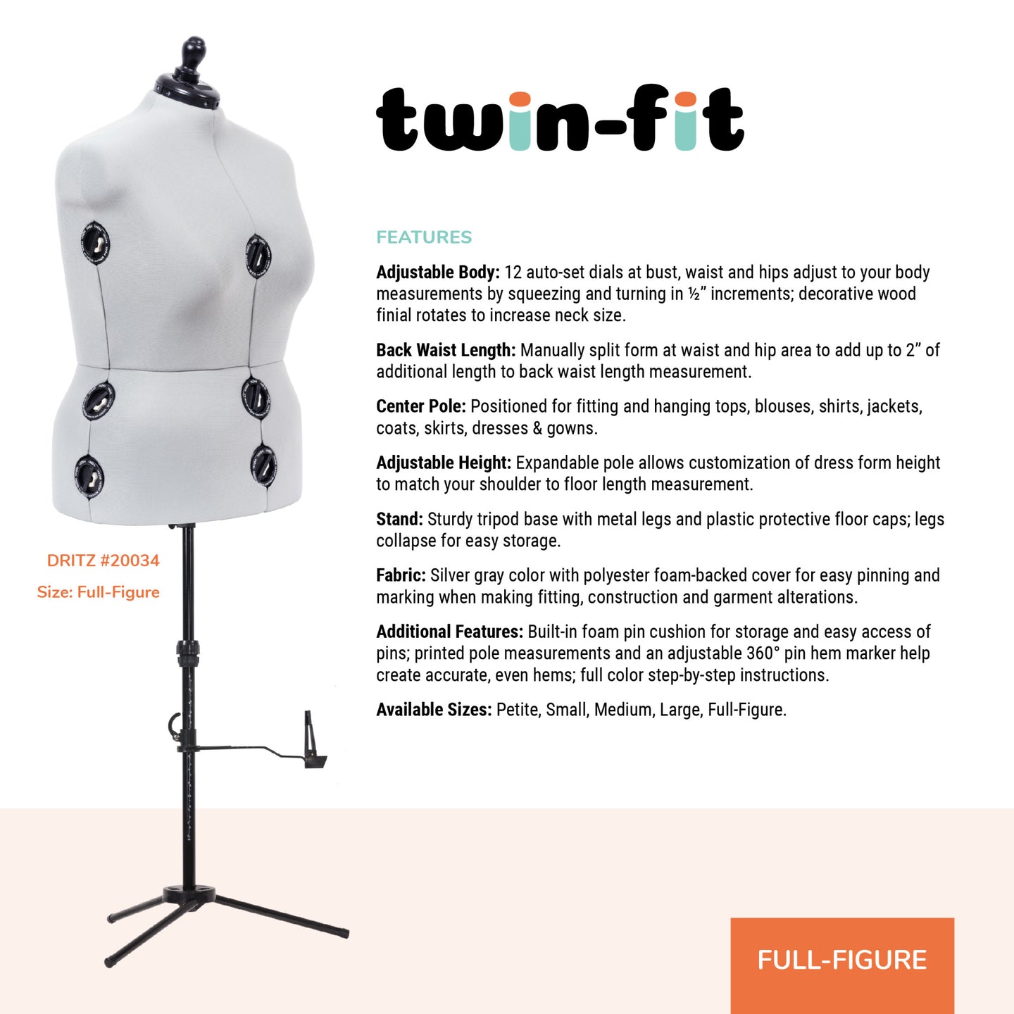 20034|Dritz Twin-Fit Adjustable Dress Form, Full-Figure