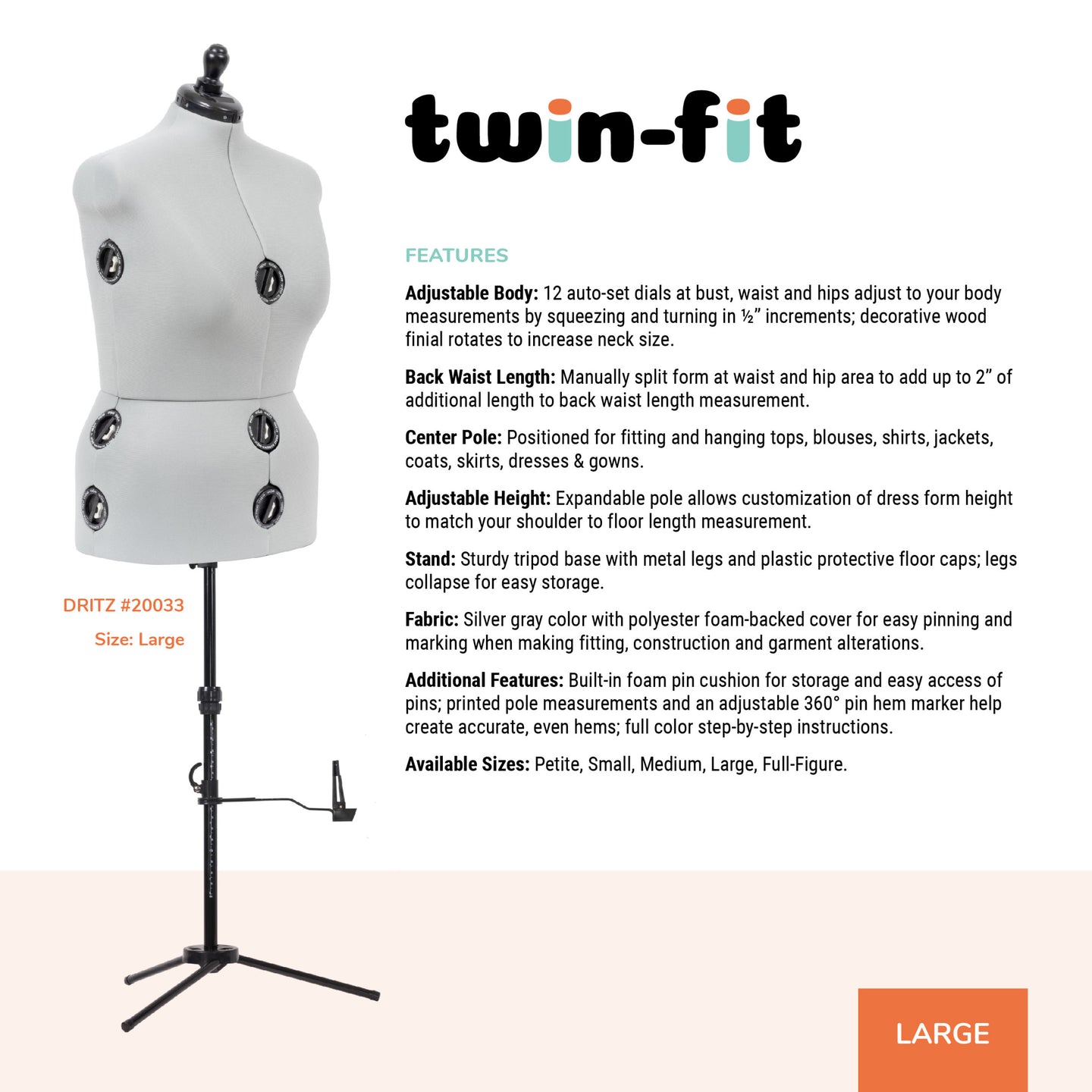 20033|Dritz Twin-Fit Adjustable Dress Form, Large