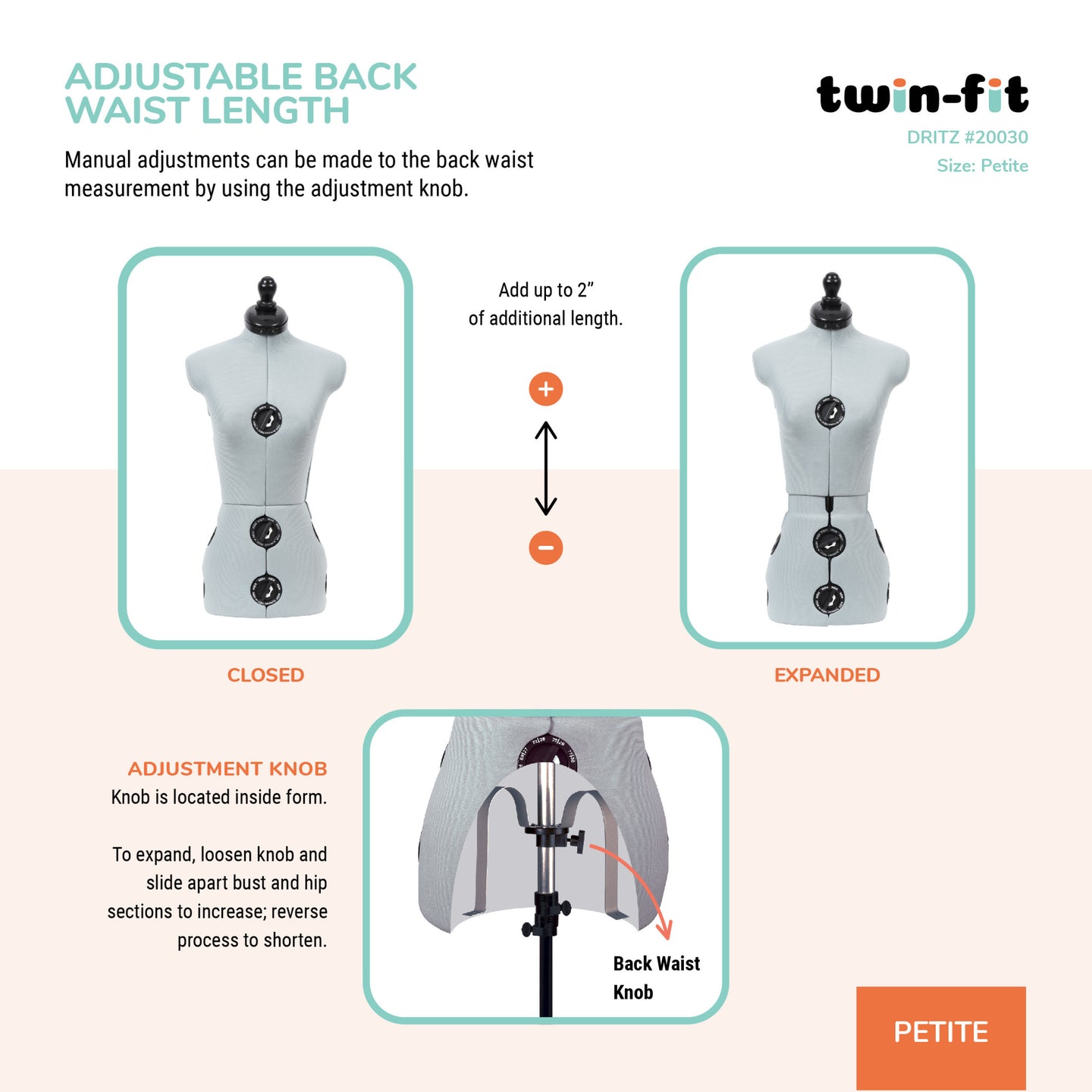 20030|Dritz Twin-Fit Adjustable Dress Form, Petite