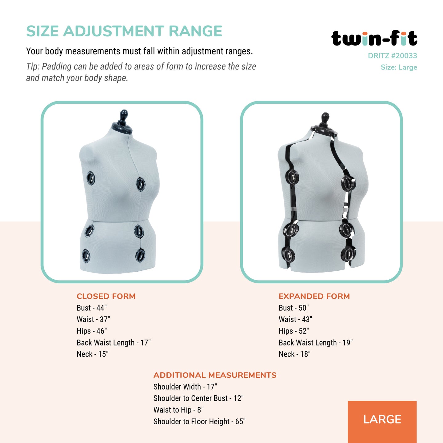 20033|Dritz Twin-Fit Adjustable Dress Form, Large
