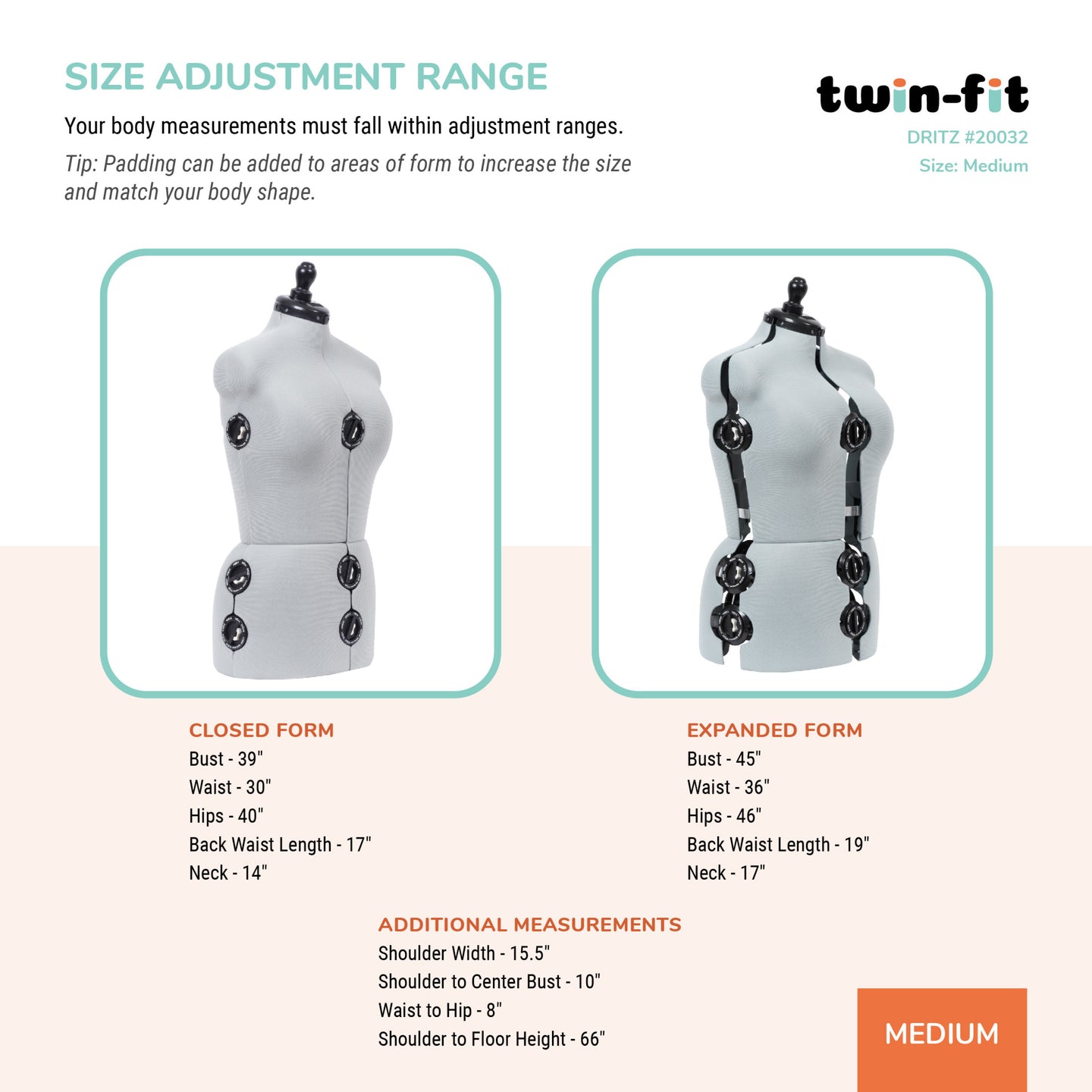 20032|Dritz Twin-Fit Adjustable Dress Form, Medium