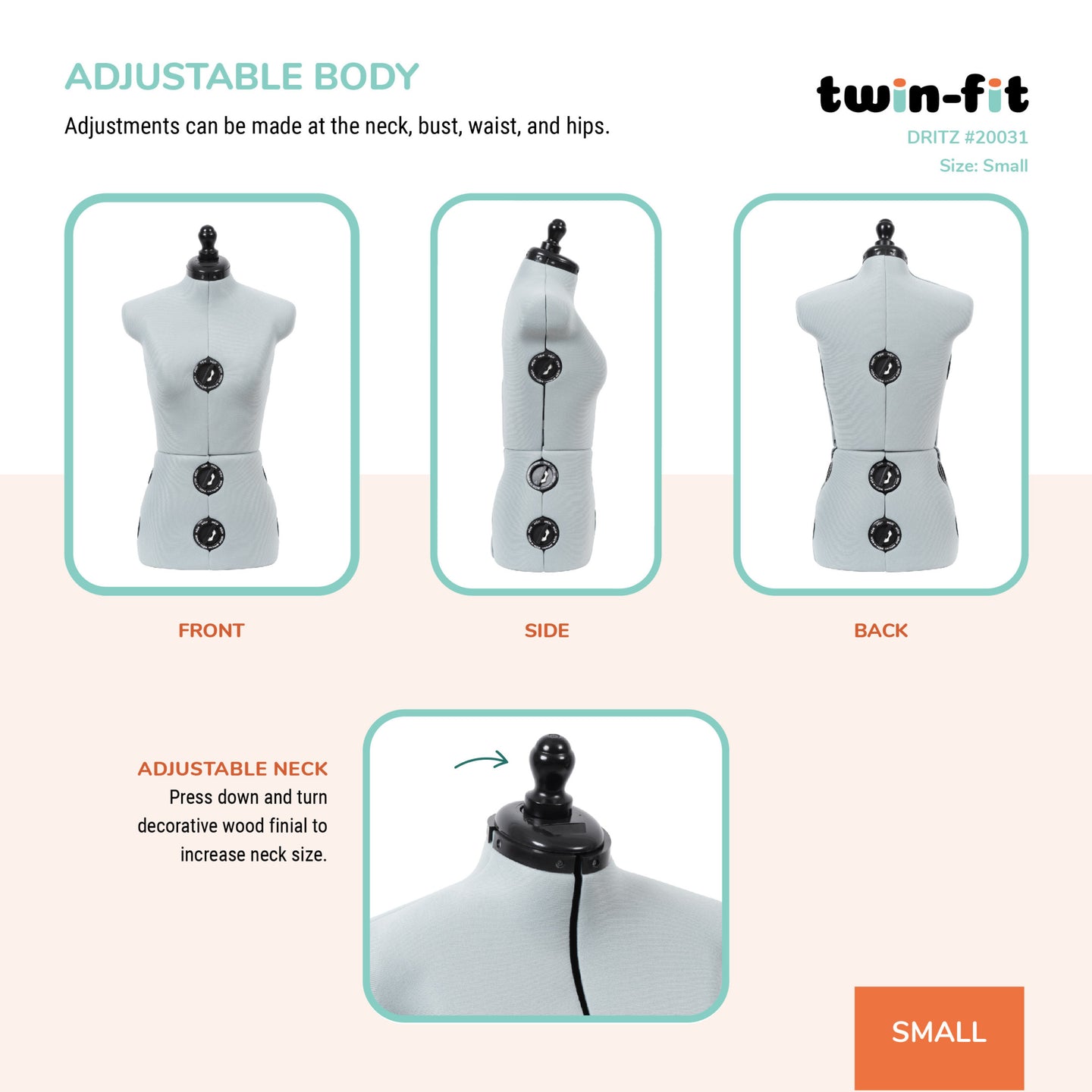 20031|Dritz Twin-Fit Adjustable Dress Form, Small