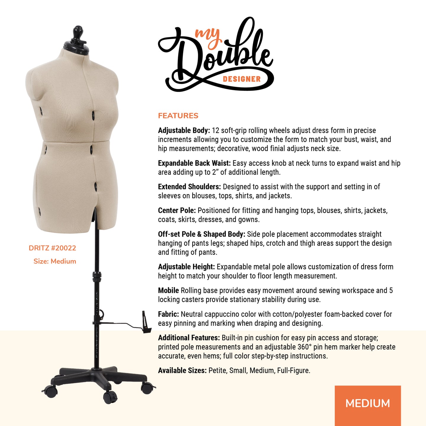 20022|Dritz My Double Designer Adjustable Dress Form, Medium