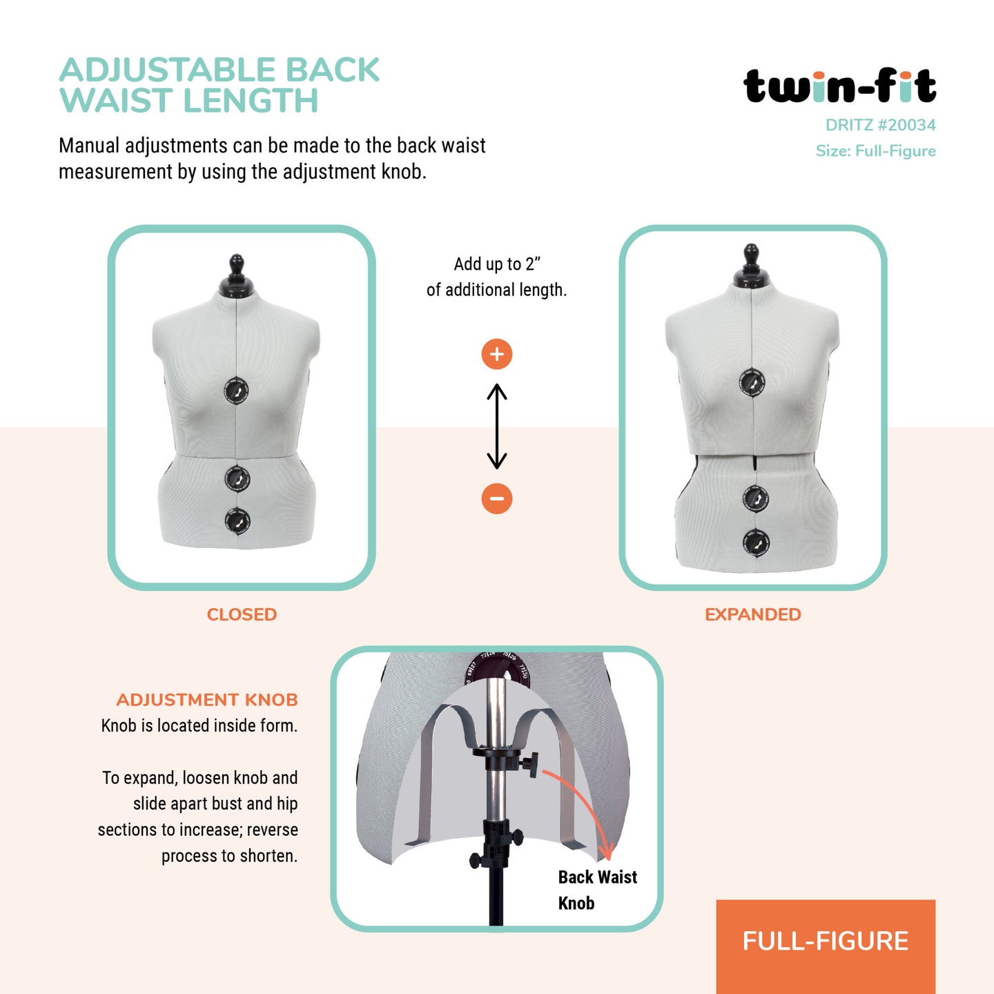 20034|Dritz Twin-Fit Adjustable Dress Form, Full-Figure
