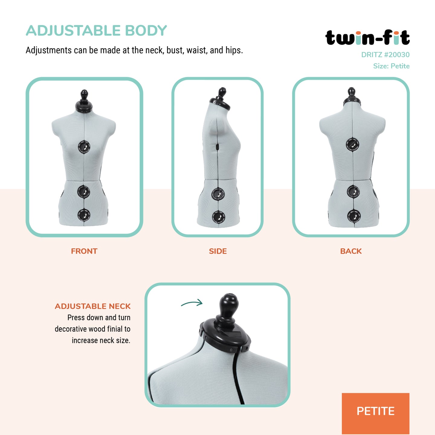 20030|Dritz Twin-Fit Adjustable Dress Form, Petite