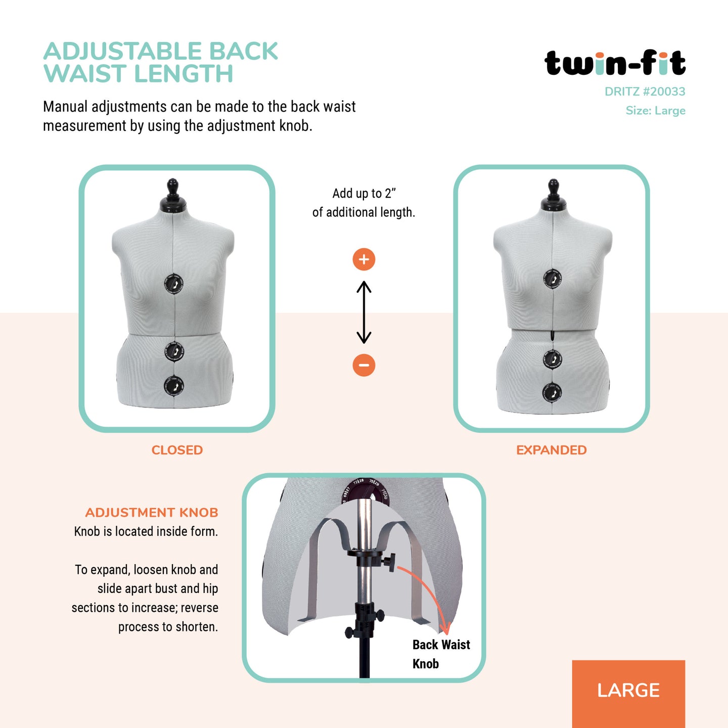 20033|Dritz Twin-Fit Adjustable Dress Form, Large