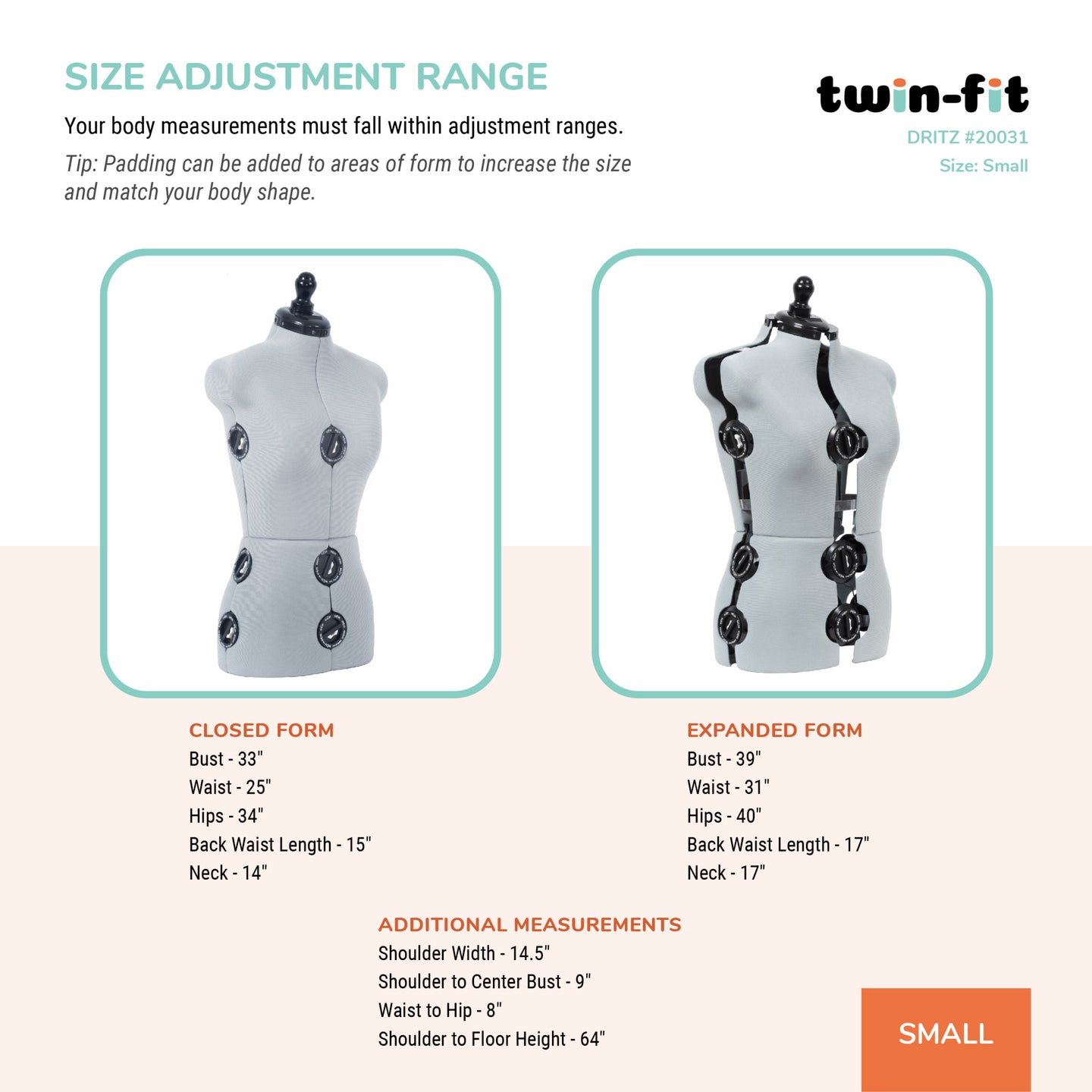20031|Dritz Twin-Fit Adjustable Dress Form, Small