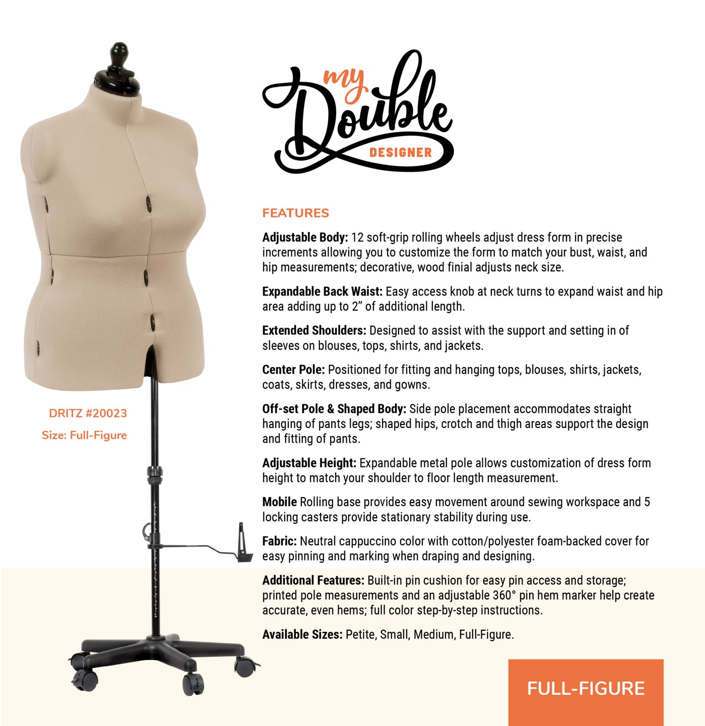 20023|Dritz My Double Designer Adjustable Dress Form, Full-Figure