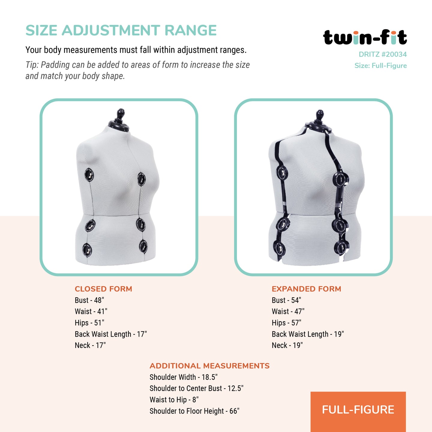 20034|Dritz Twin-Fit Adjustable Dress Form, Full-Figure