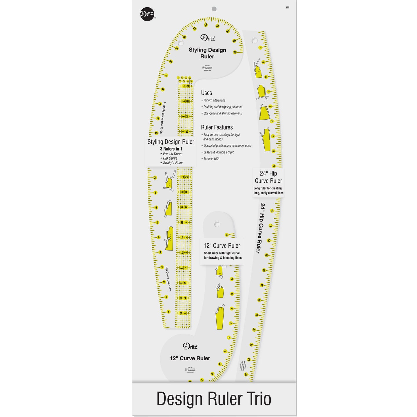 Dritz Design Ruler Trio, 3 Sewing Rulers, Clear