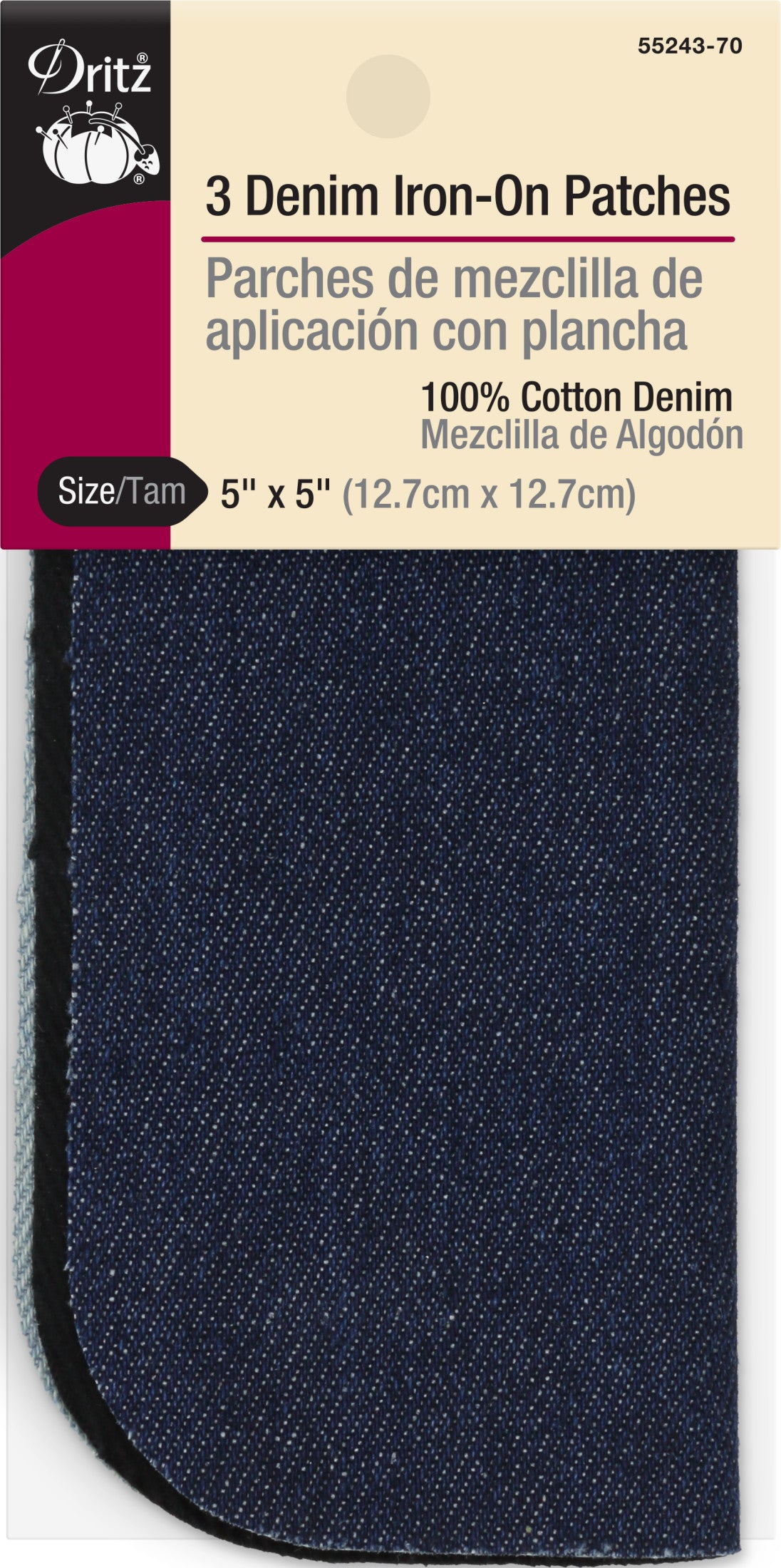 55243-70|Dritz Denim Iron-On Patches, 5" x 5", Assorted, 3 pc
