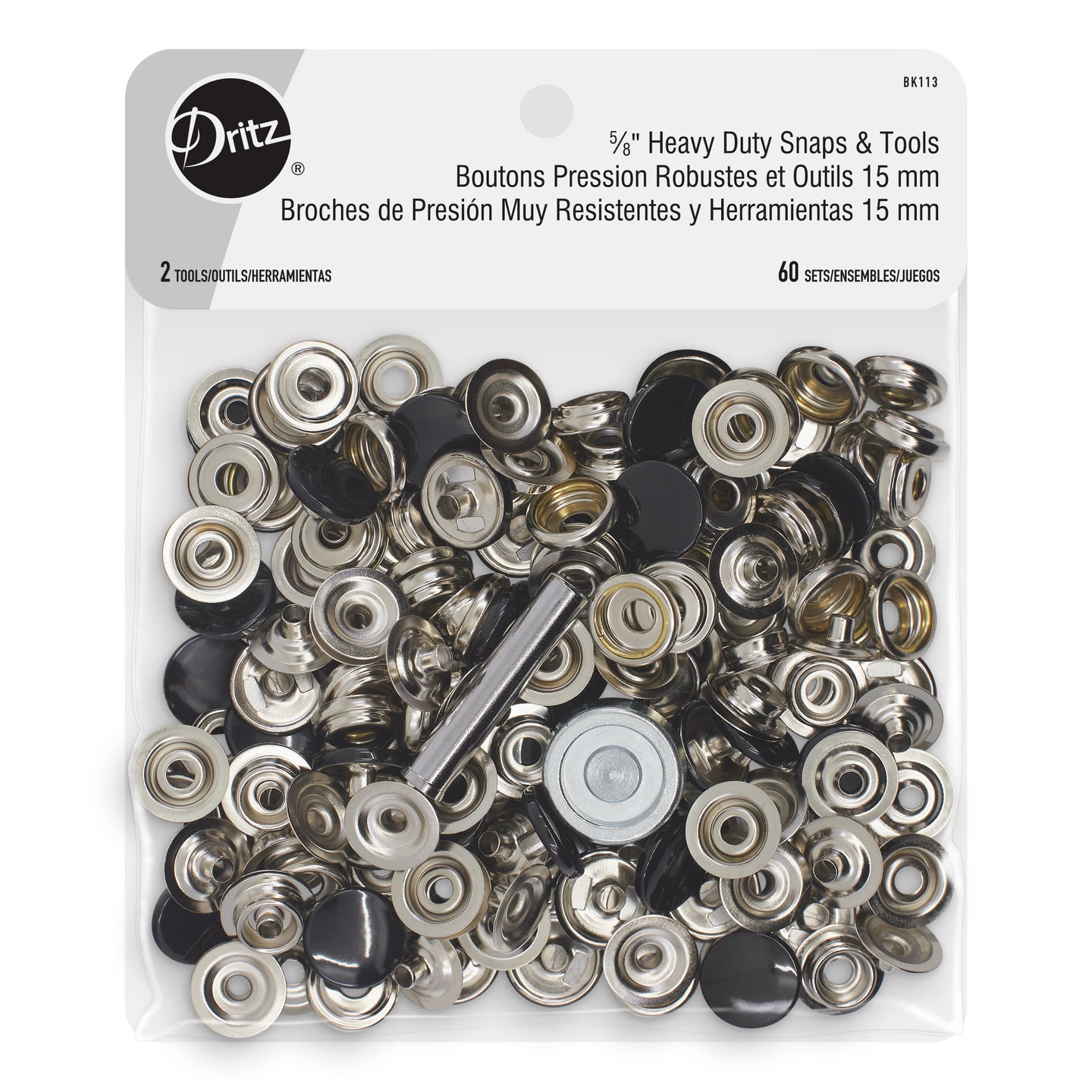 Dritz 5∕8 inch Heavy Duty Snaps & Tools, 60 Sets, Nickel